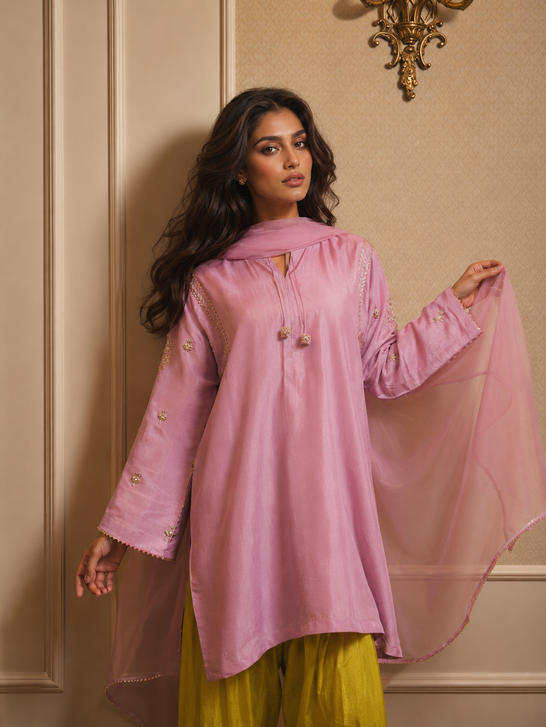 ZARA FARSHI SHALWAR KAMEEZ LIGHT LILAC WITH LIME GREEN