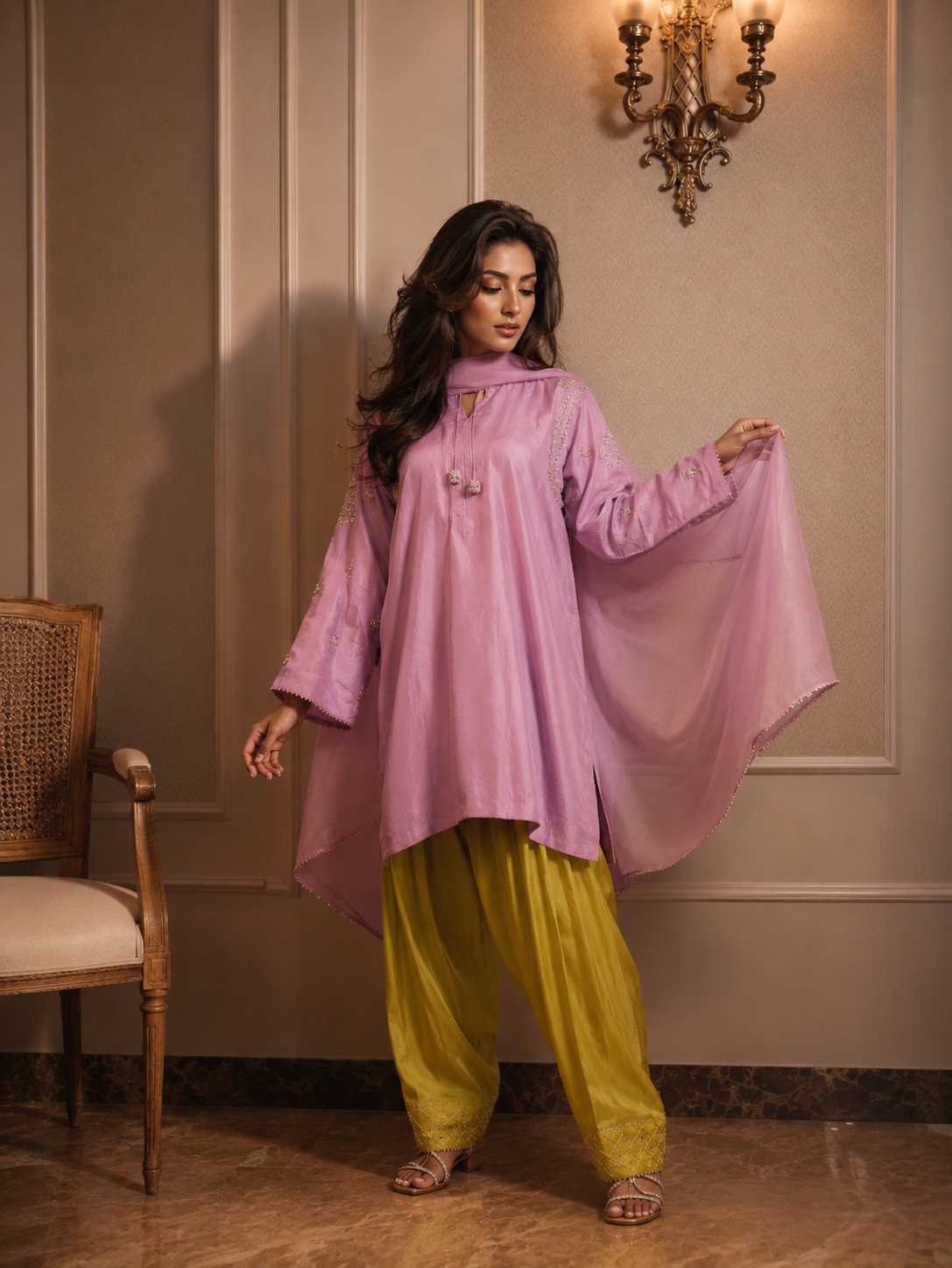 ZARA FARSHI SHALWAR KAMEEZ LIGHT LILAC WITH LIME GREEN