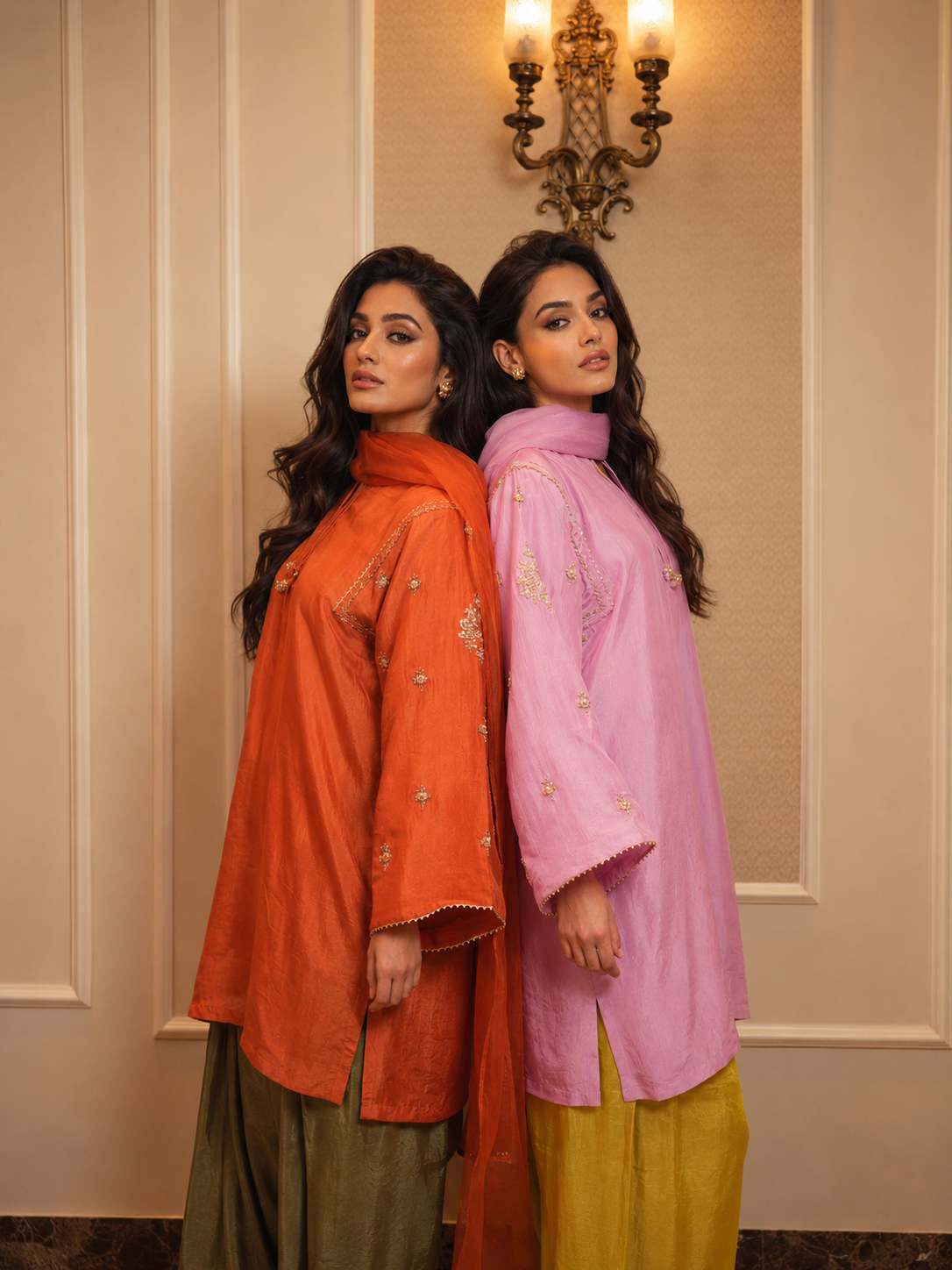 ZARA FARSHI SHALWAR KAMEEZ RUST WITH OLIVE GREEN