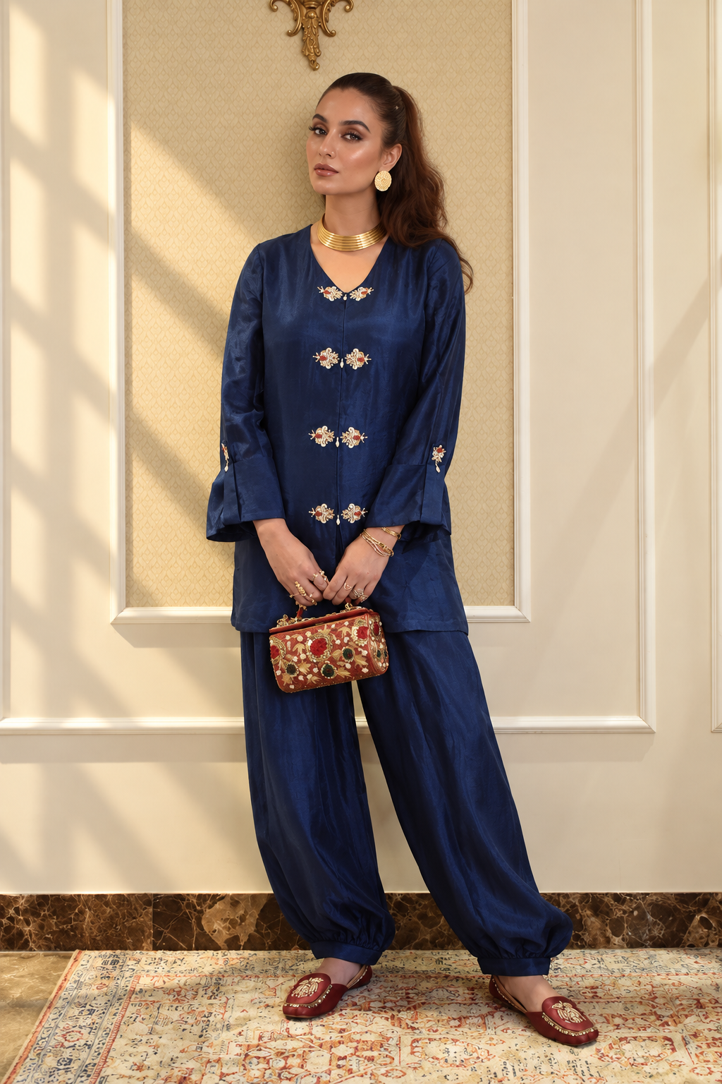 ELHA MANDARIN STYLE KAMEEZ WITH BALLOON PANTS NAVY BLUE