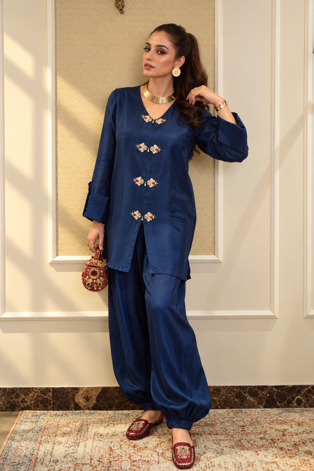 ELHA MANDARIN STYLE KAMEEZ WITH BALLOON PANTS NAVY BLUE