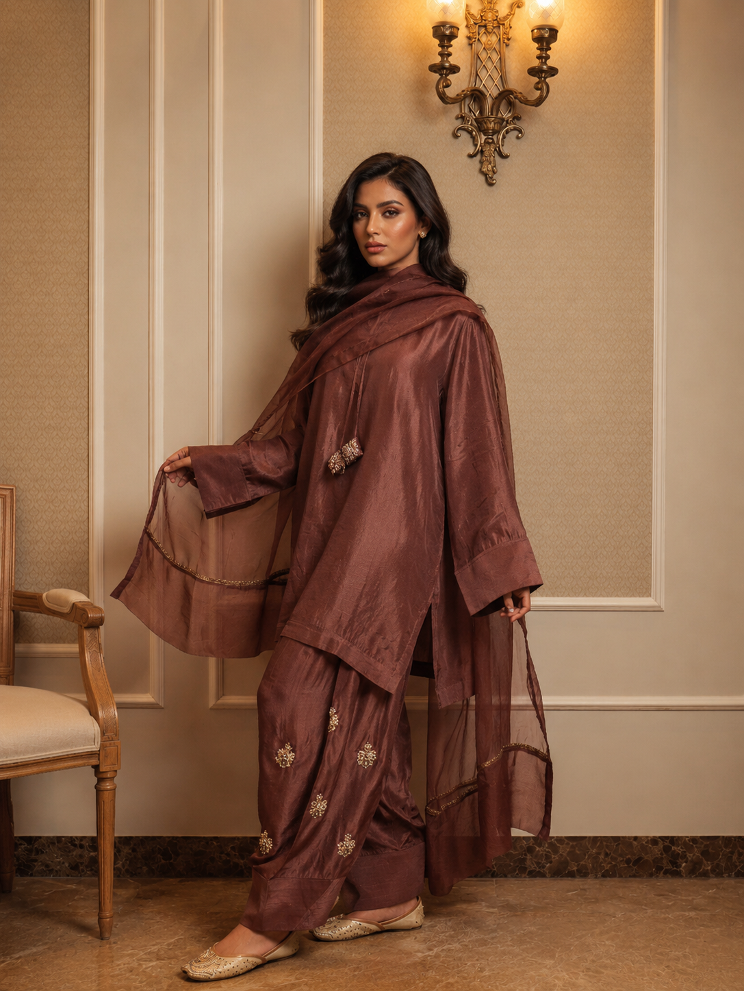 NAZO FARSHI SHALWAR KAMEEZ MOCHA BROWN