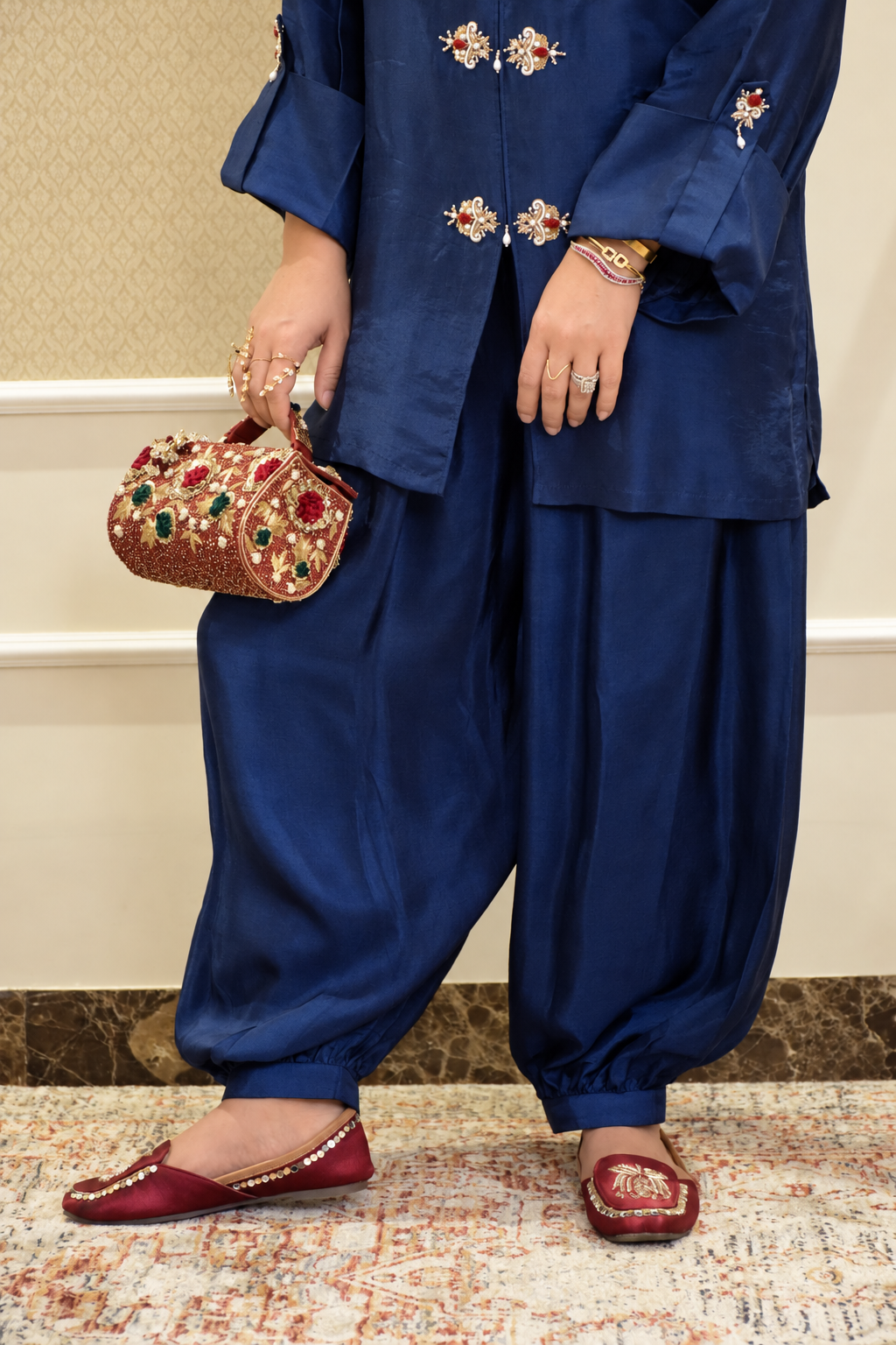ELHA MANDARIN STYLE KAMEEZ WITH BALLOON PANTS NAVY BLUE
