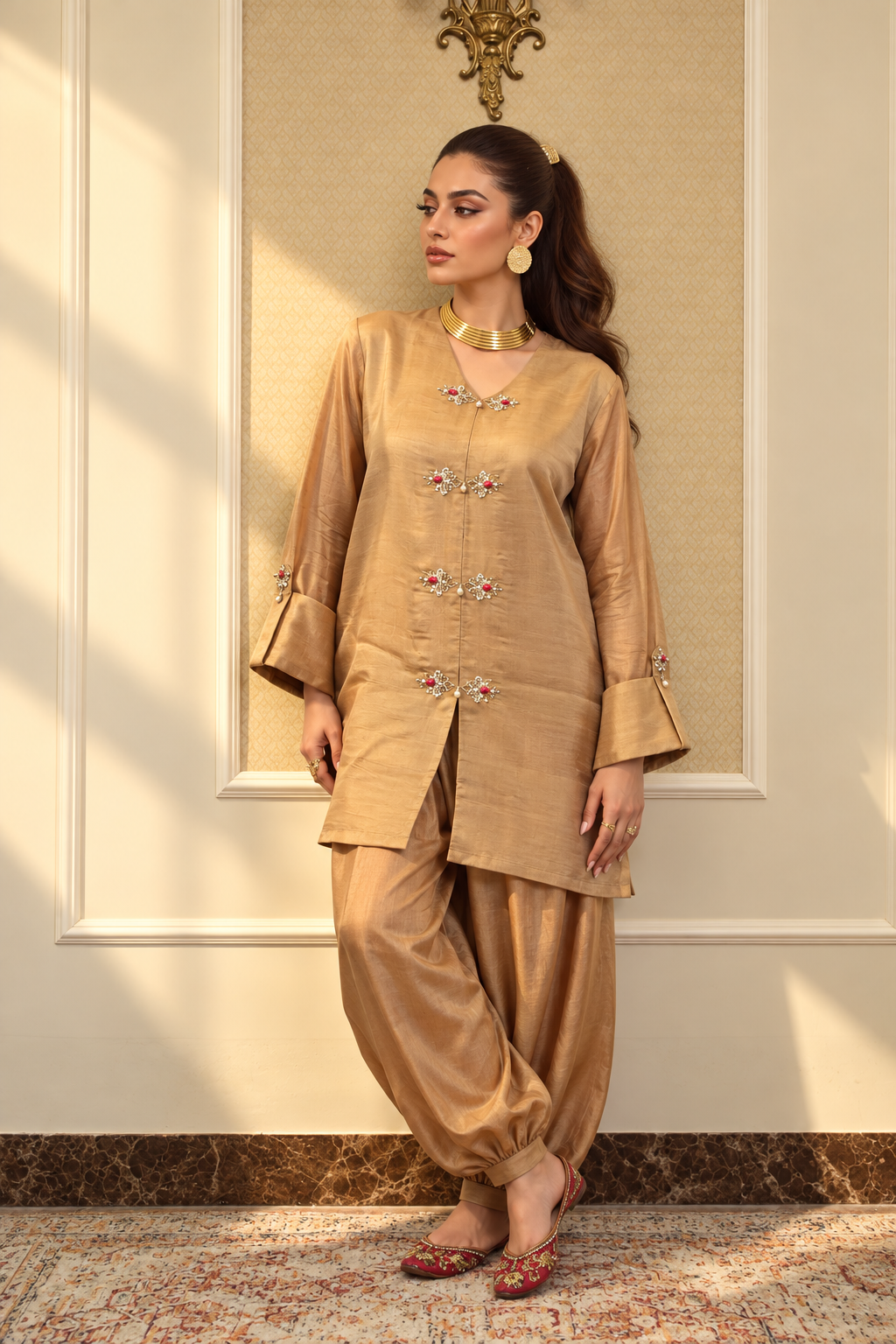 ELHA MANDARIN STYLE KAMEEZ WITH BALLOON PANTS SILK BEIGE