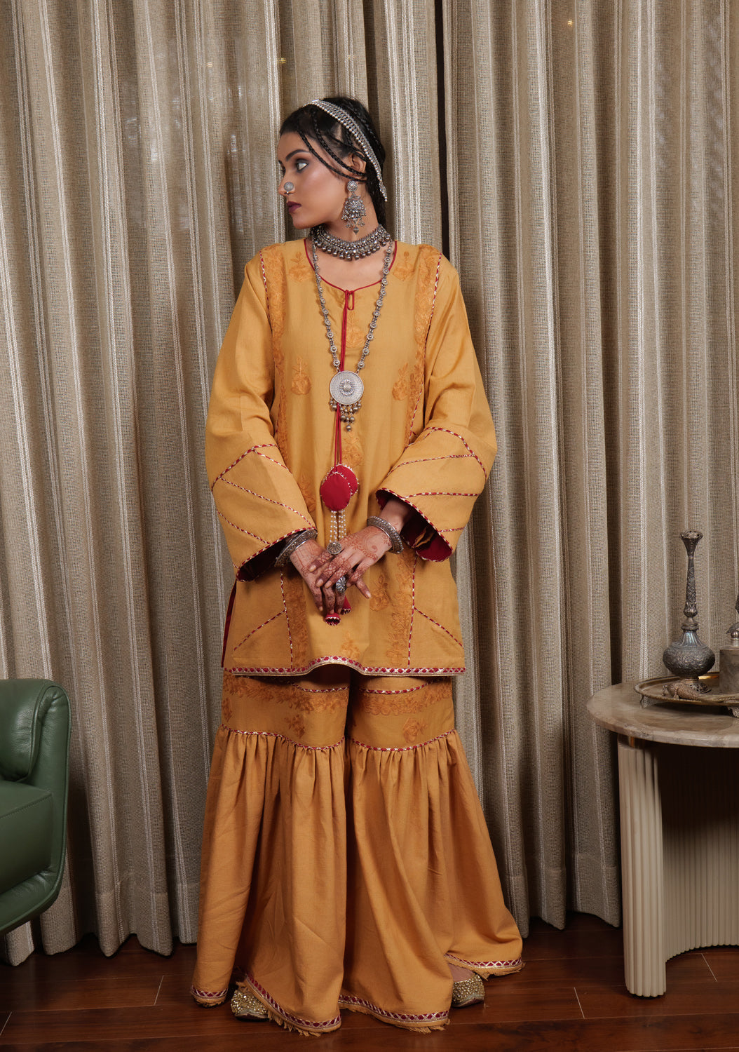 Begum Kashmiri Aari Embroidered Mustard & Maroon Garara Set
