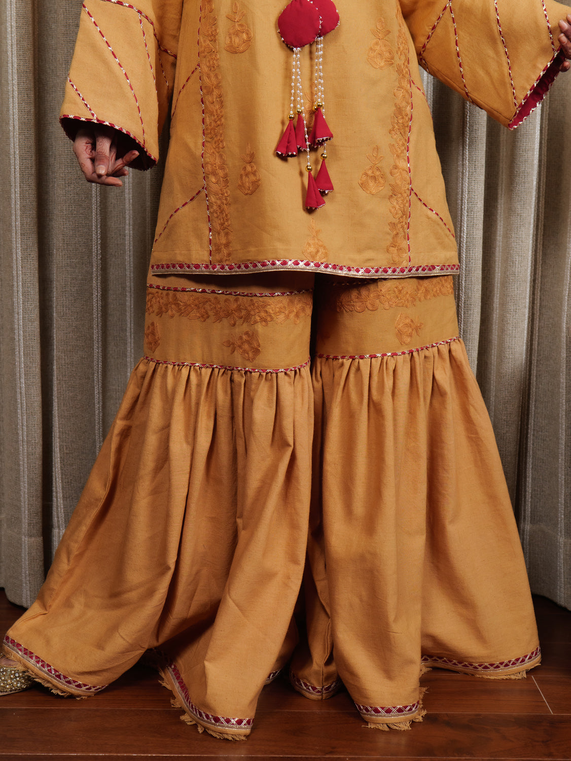 Begum Kashmiri Aari Embroidered Mustard & Maroon Garara Set