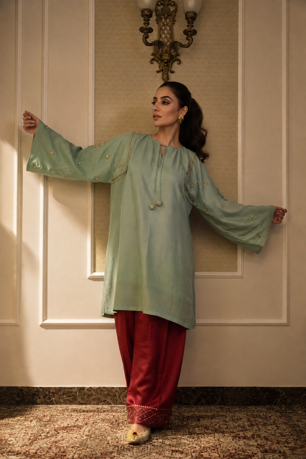 ZARA FARSHI SHALWAR KAMEEZ MINT GREEN WITH CHERRY RED