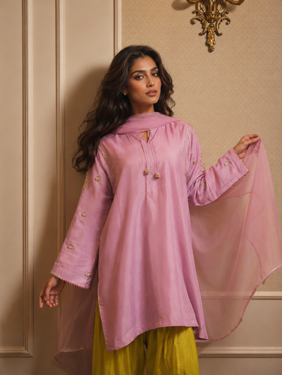 ZARA FARSHI SHALWAR KAMEEZ LIGHT LILAC WITH LIME GREEN