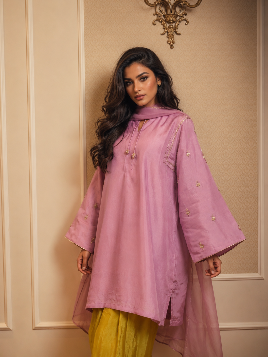 ZARA FARSHI SHALWAR KAMEEZ LIGHT LILAC WITH LIME GREEN