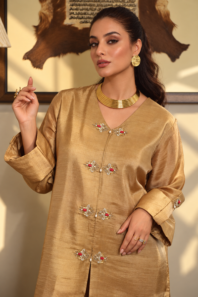 ELHA MANDARIN STYLE KAMEEZ WITH BALLOON PANTS SILK BEIGE