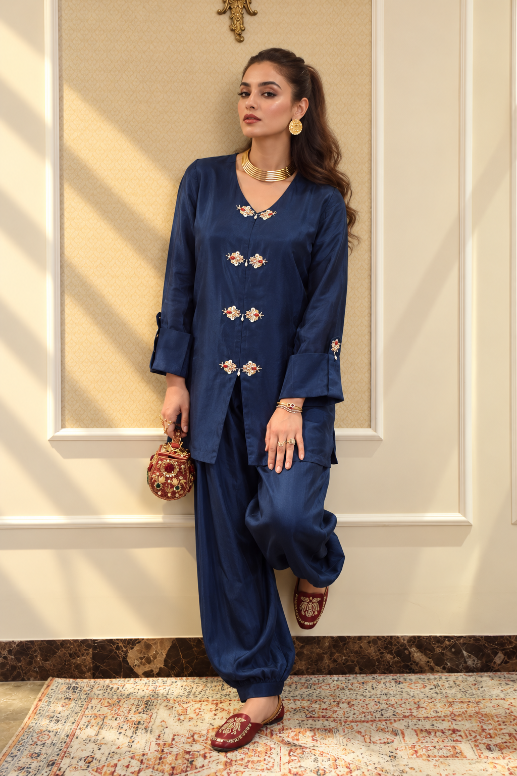 ELHA MANDARIN STYLE KAMEEZ WITH BALLOON PANTS NAVY BLUE