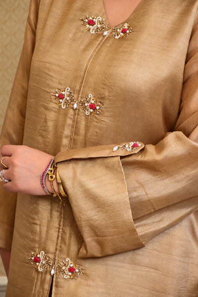 ELHA MANDARIN STYLE KAMEEZ WITH BALLOON PANTS SILK BEIGE