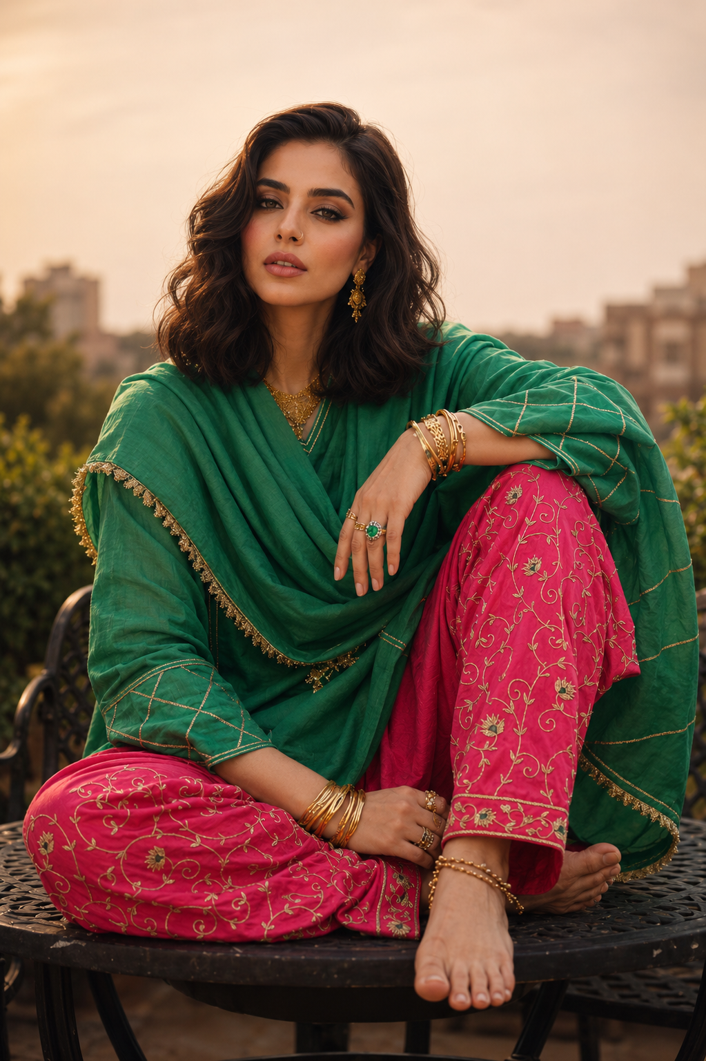 DILRUBA SHALWAR KAMEEZ GREEN WITH PINK