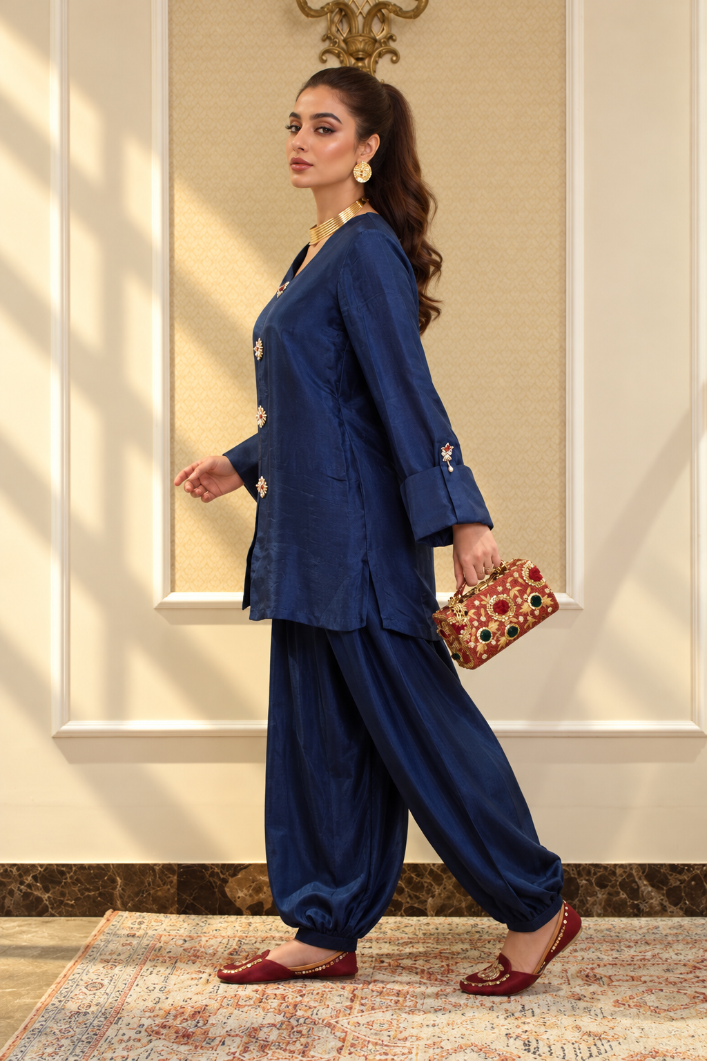ELHA MANDARIN STYLE KAMEEZ WITH BALLOON PANTS NAVY BLUE