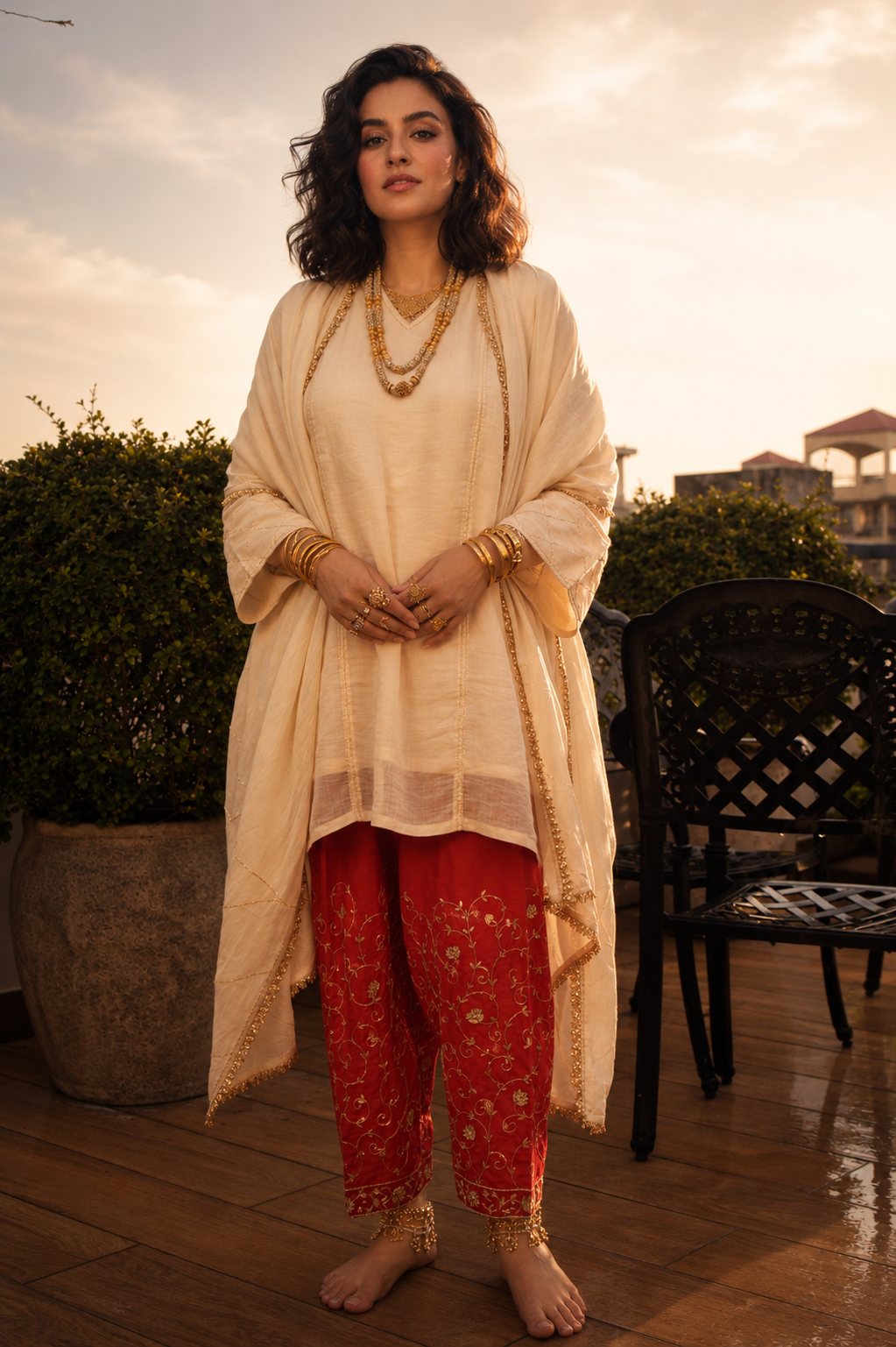 DILRUBA SHALWAR KAMEEZ OFFWHITE WITH RED