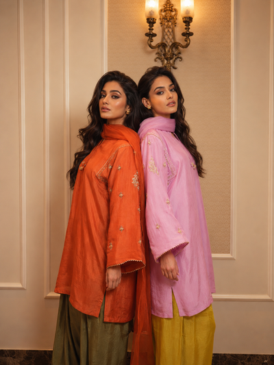 ZARA FARSHI SHALWAR KAMEEZ RUST WITH OLIVE GREEN