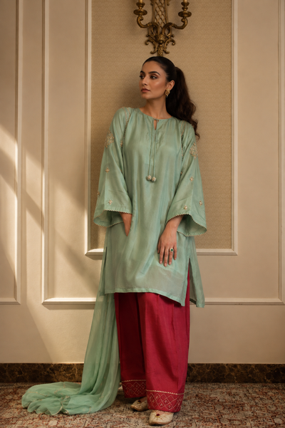 ZARA FARSHI SHALWAR KAMEEZ MINT GREEN WITH CHERRY RED