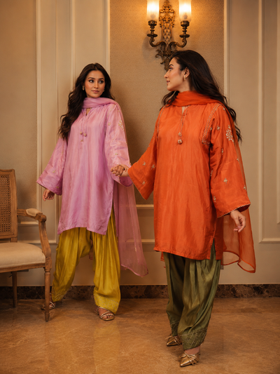 ZARA FARSHI SHALWAR KAMEEZ RUST WITH OLIVE GREEN