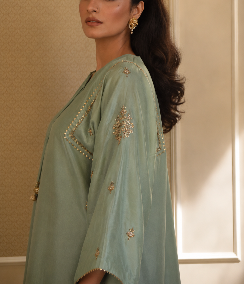 ZARA FARSHI SHALWAR KAMEEZ MINT GREEN WITH CHERRY RED