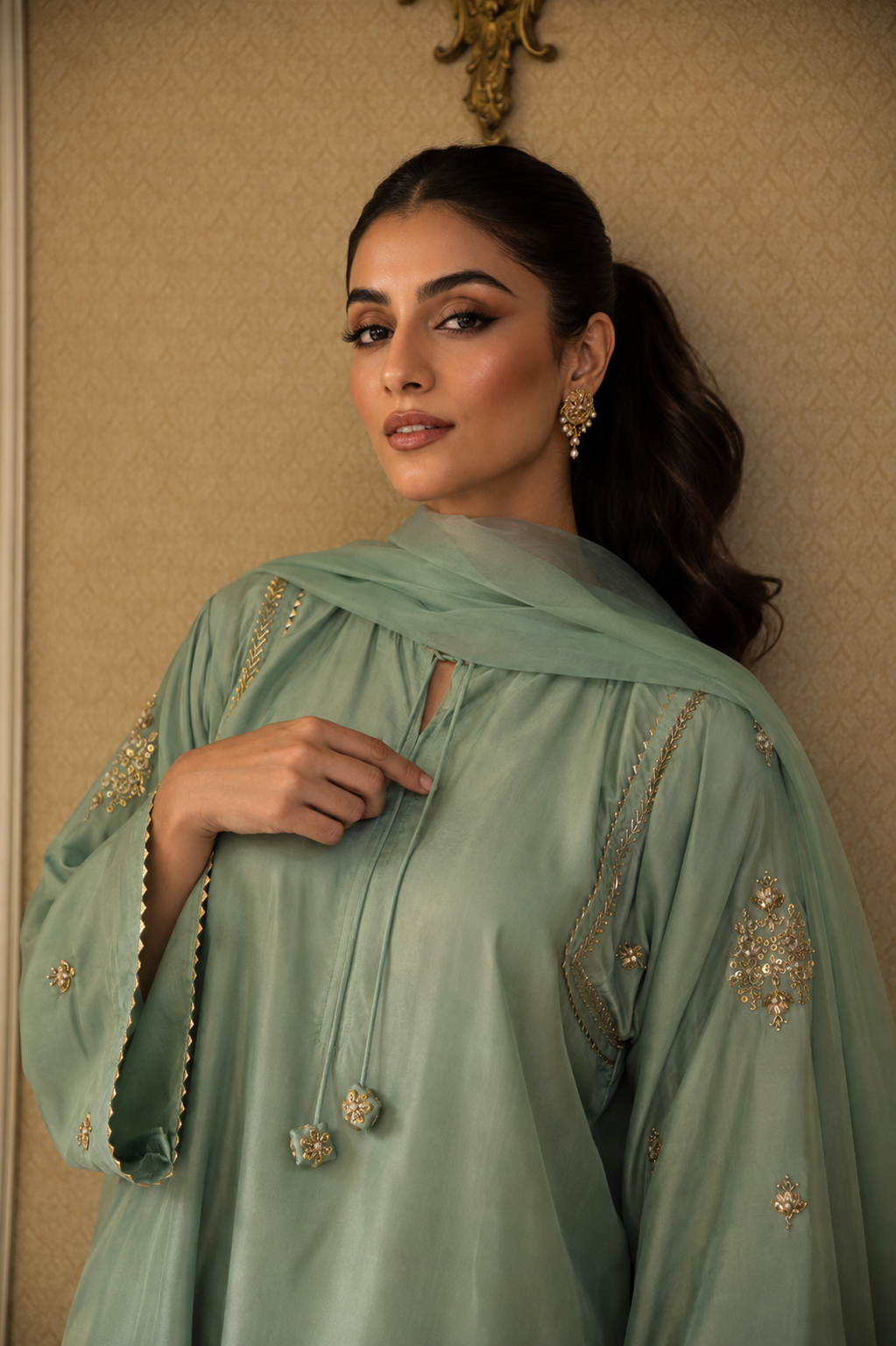 ZARA FARSHI SHALWAR KAMEEZ MINT GREEN WITH CHERRY RED