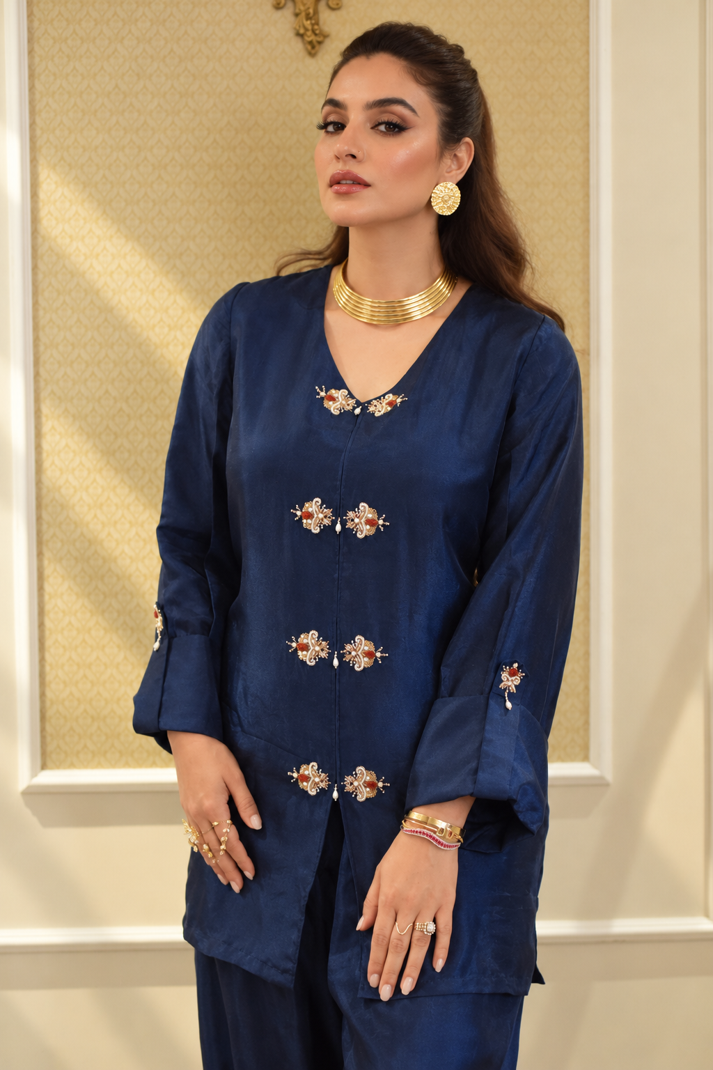 ELHA MANDARIN STYLE KAMEEZ WITH BALLOON PANTS NAVY BLUE