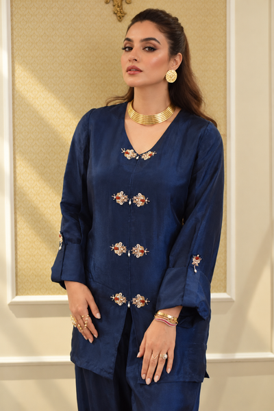 ELHA MANDARIN STYLE KAMEEZ WITH BALLOON PANTS NAVY BLUE