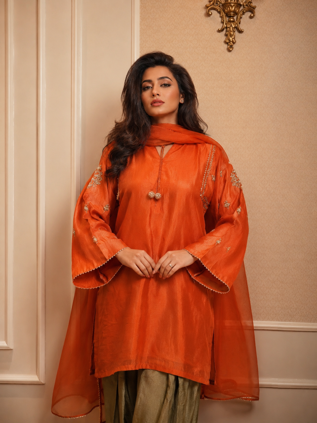 ZARA FARSHI SHALWAR KAMEEZ RUST WITH OLIVE GREEN