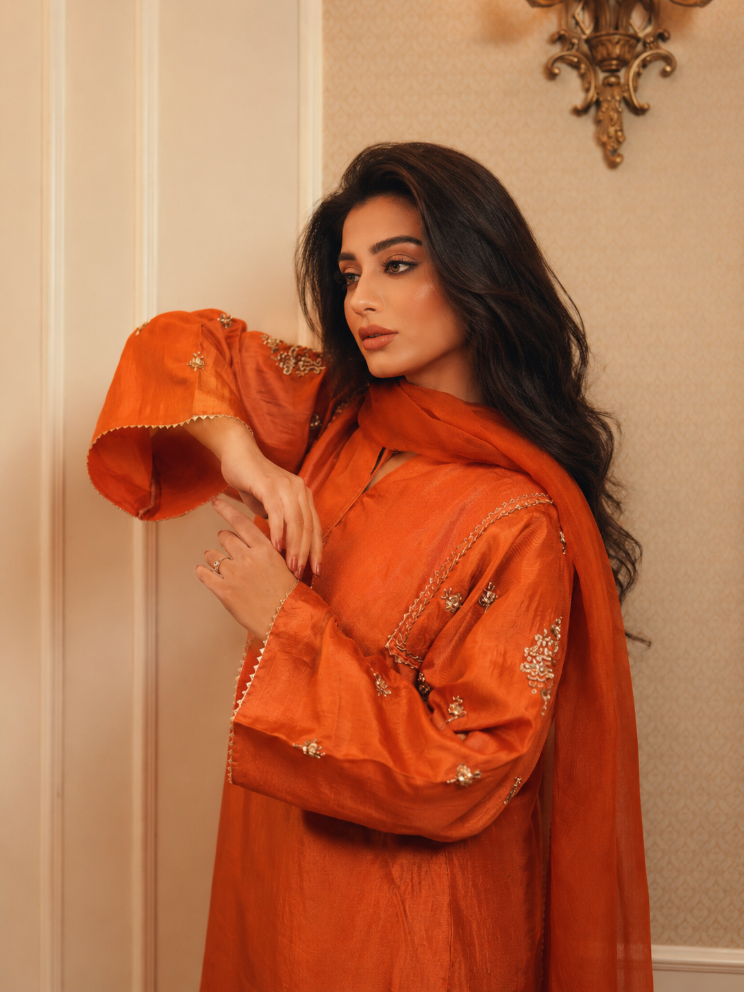 ZARA FARSHI SHALWAR KAMEEZ RUST WITH OLIVE GREEN