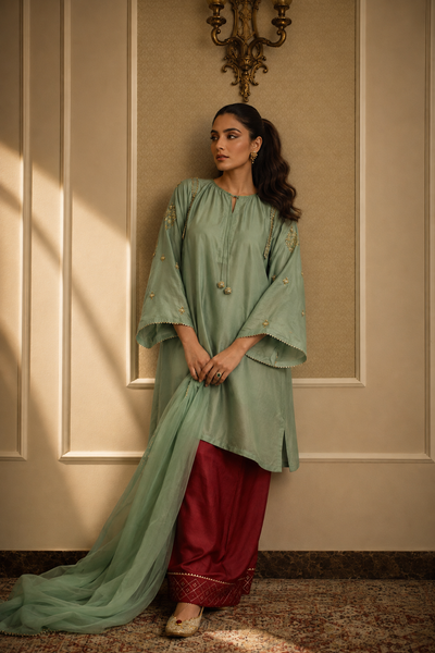 ZARA FARSHI SHALWAR KAMEEZ MINT GREEN WITH CHERRY RED