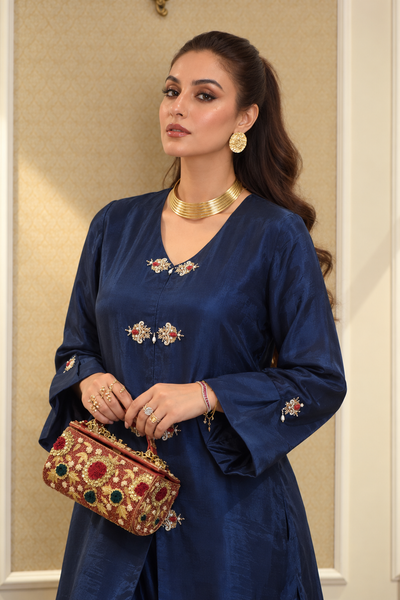 ELHA MANDARIN STYLE KAMEEZ WITH BALLOON PANTS NAVY BLUE