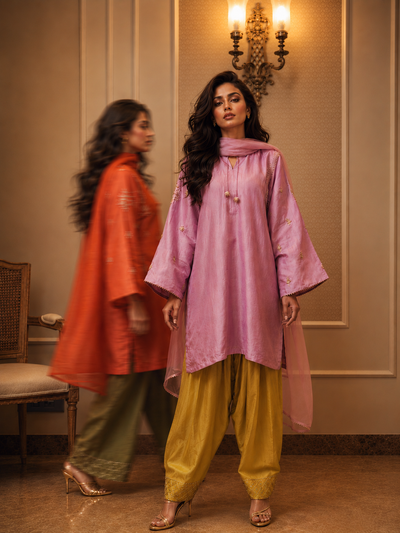 ZARA FARSHI SHALWAR KAMEEZ LIGHT LILAC WITH LIME GREEN