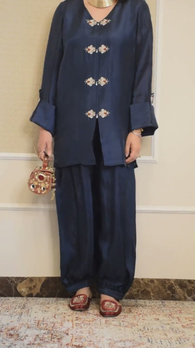 ELHA MANDARIN STYLE KAMEEZ WITH BALLOON PANTS NAVY BLUE