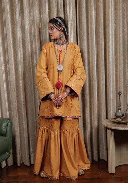 Begum Kashmiri Aari Embroidered Mustard & Maroon Garara Set