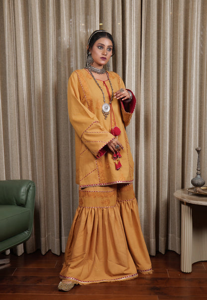 Begum Kashmiri Aari Embroidered Mustard & Maroon Garara Set
