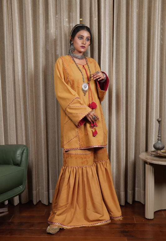 Begum Kashmiri Aari Embroidered Mustard & Maroon Garara Set