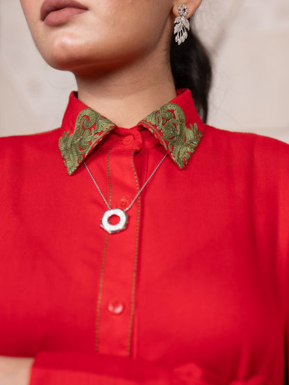 Fitoor Kashmiri Aari Embroidered Statement Sleeve Shirt Dress with Belt