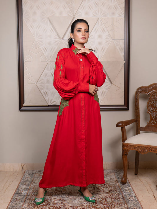 Fitoor Kashmiri Aari Embroidered Statement Sleeve Shirt Dress with Belt