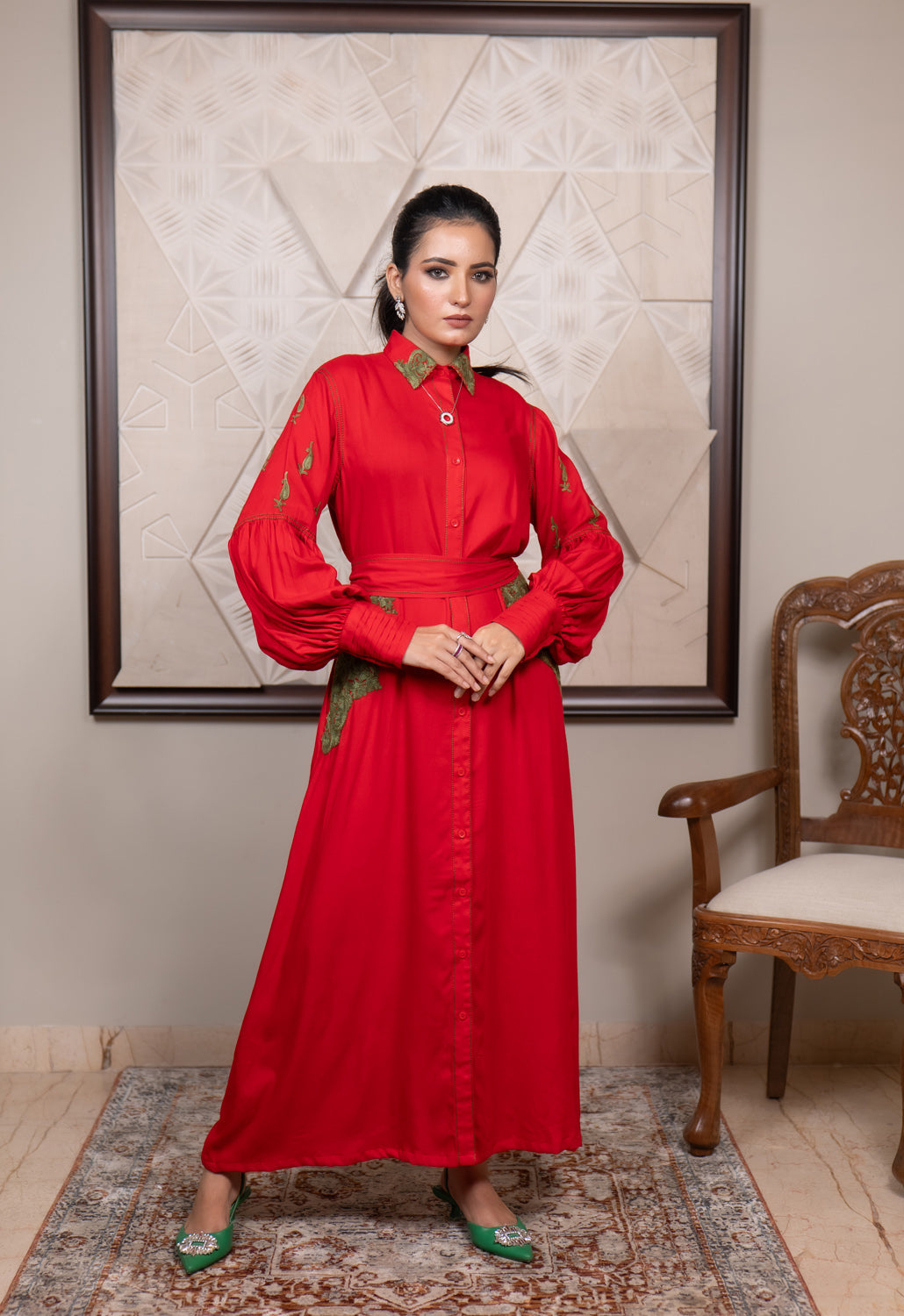 Fitoor Kashmiri Aari Embroidered Statement Sleeve Shirt Dress with Belt
