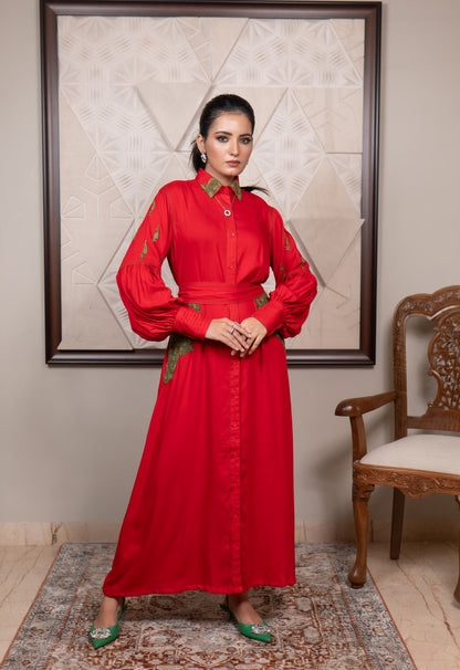 Fitoor Kashmiri Aari Embroidered Statement Sleeve Shirt Dress with Belt