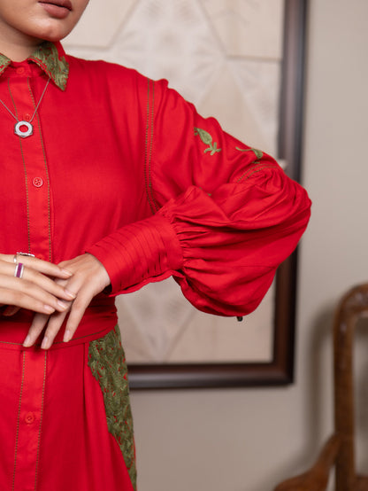 Fitoor Kashmiri Aari Embroidered Statement Sleeve Shirt Dress with Belt
