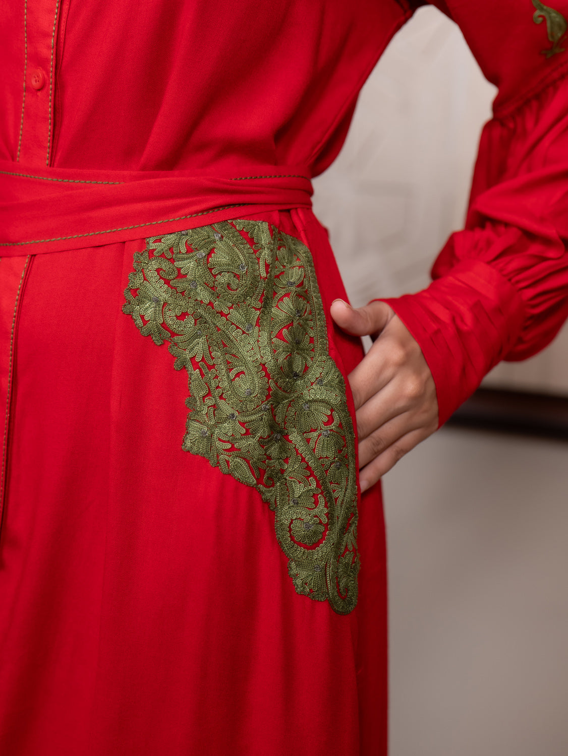 Fitoor Kashmiri Aari Embroidered Statement Sleeve Shirt Dress with Belt
