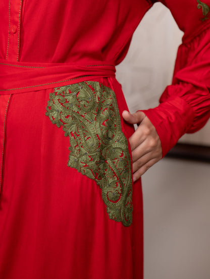 Fitoor Kashmiri Aari Embroidered Statement Sleeve Shirt Dress with Belt